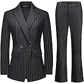 Lamgool Women's Pinstrip Suit Gold Lines 2 Pieces Slim Fit Business Blazer Flared Pants Set for Work (Black, XX-Large)