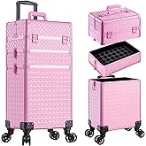 JINGUAN 3 in 1 Rolling Makeup Train Case Professional Large Cosmetic Trolley Cosmetology Case on Wheels Traveling Cart Trunk for Hairstylist Artist Nail Beauty Salon Barber, Pink