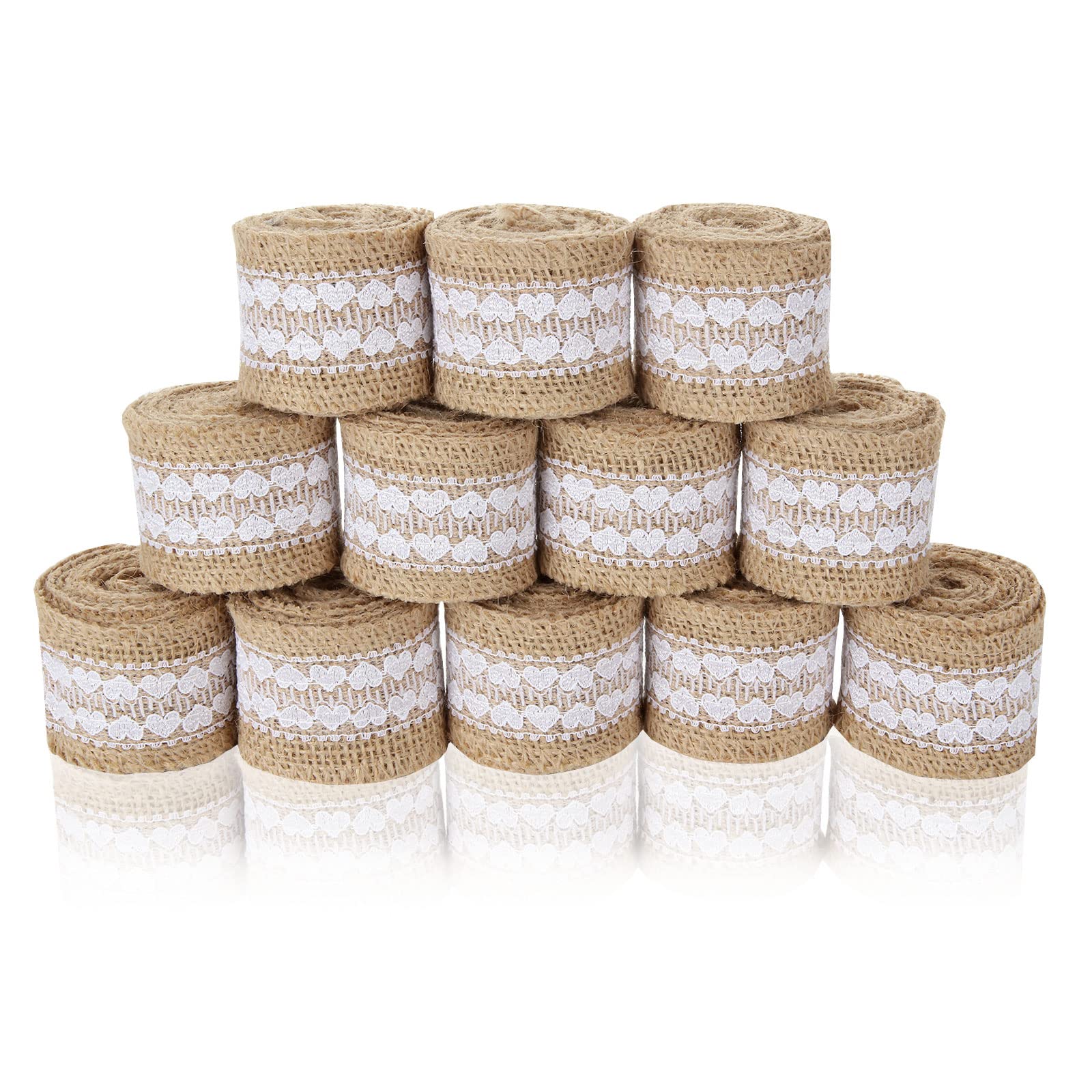 JMIATRY Burlap Jute Ribbon with White Lace, 24 Metres Natural Hessian Ribbon Roll with Lace Trim for Wedding, Christmas, Crafts and Gifts Wrapping Decorations (5CM*2M Each Roll)