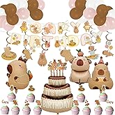 Capybara Birthday Decorations, Cute Capy Birthday Party Banners with Hanging Swirls Decor, 24" Capybara Foil Balloons, 30pcs 10" Latex Balloons, Capy Bara Cake Topper, Cupcake Topper Decor Supplies