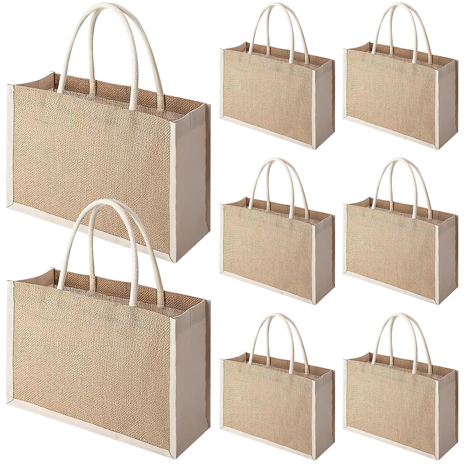 ASMIZ 8 Pack Jute Tote Bags with Handles, 32 x 22 x 13 cm Reusable Burlap Shopping Gift Bags Bulk, DIY Blank Tote for Women Bridesmaid, Shopping, Beach, Wedding