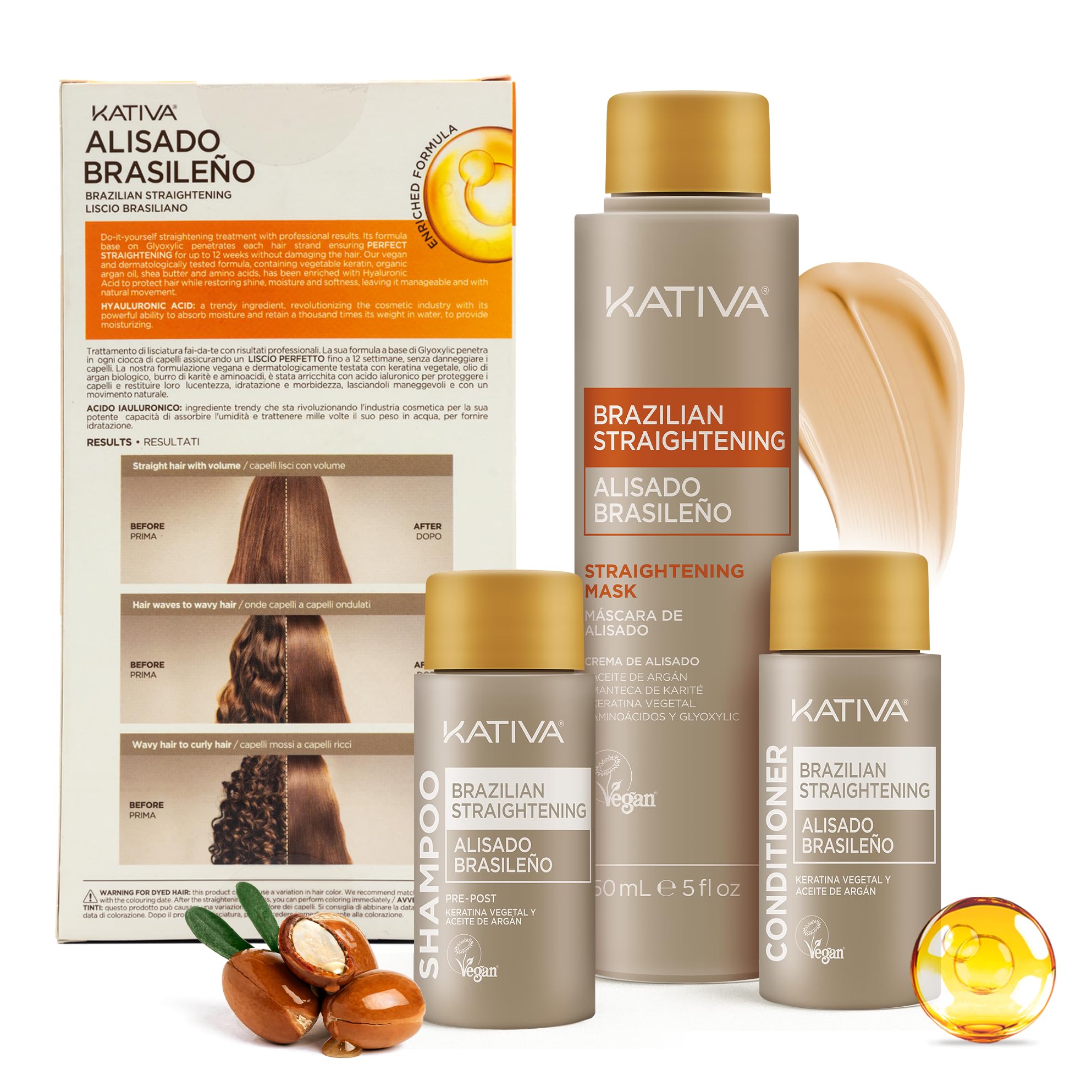 Kativa Brazilian Straightening Kit, 12 Weeks Home Use Professional | with Organic Argan Oil | Shea Butter | Keratin & Amino Acids | for Straighter, Softer and Shinier Hair | All Hair Types