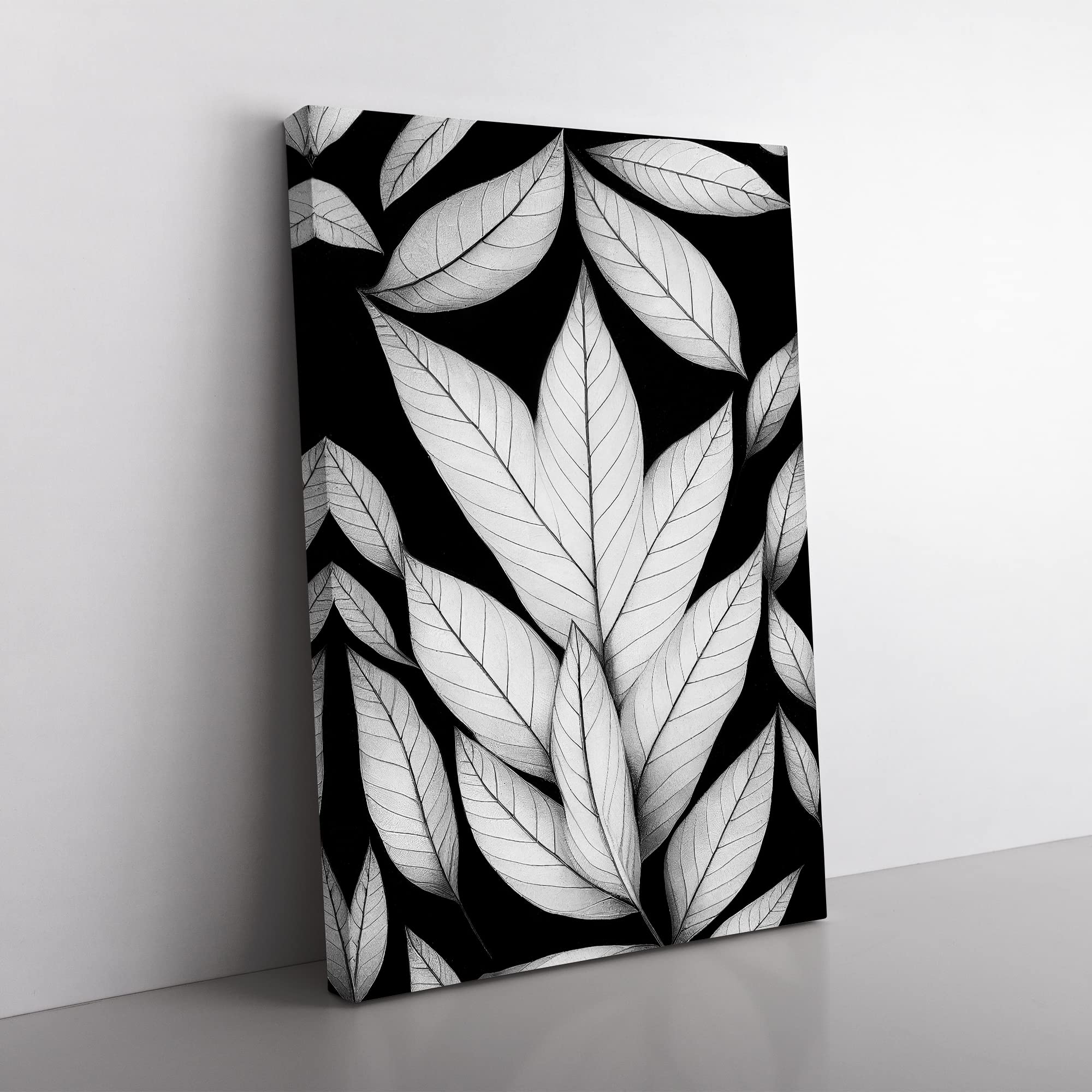 A Monochrome Leaves No.3 Canvas Wall Art Print Ready to Hang, Framed Picture for Living Room Bedroom Home Office Décor, 50x35 cm (20x14 Inch)