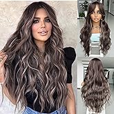 LEOSA Long Highlight Wig 26 Inch Brown Mixed Blonde Layered Wig with Curtain Bangs for Women Synthetic Middle Part Wet and Wavy Natural Looking Hair Wigs for Daily Party,Brown Mixed Blonde