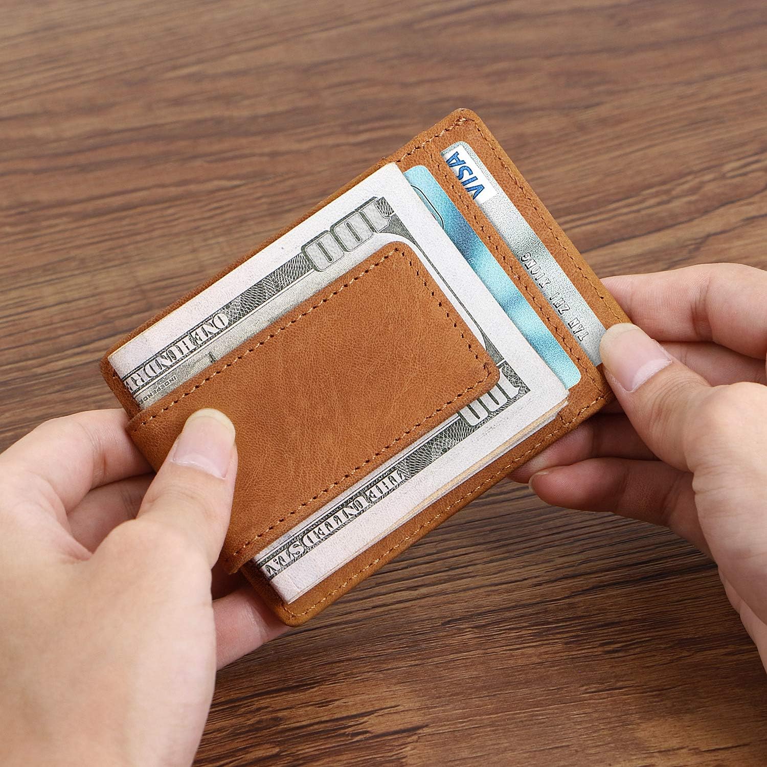 Kenon Custom Leather Brown Card Holder Personalised Slim Wallets for Men RFID Blocking Credit Card Holder Leather Minimalist Front Pocket Wallet for Husband,Father,Son - Image 3