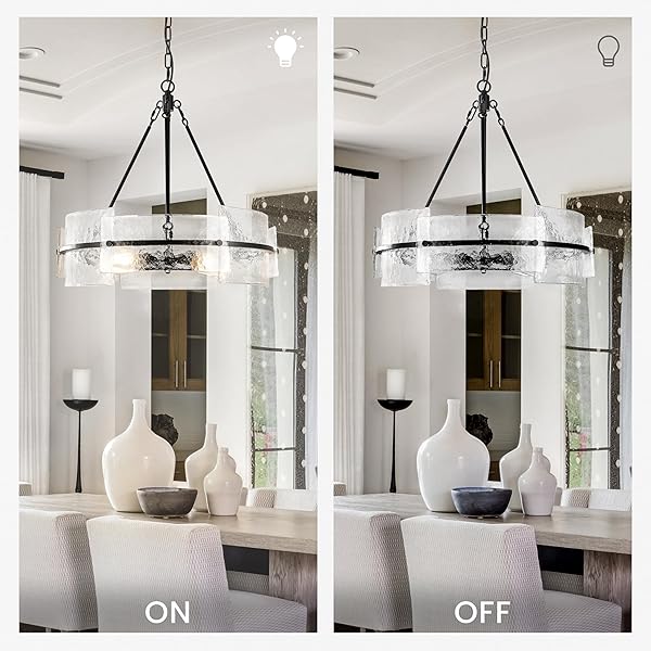 MODERN DINING ROOM CHANDELIER 22” BLACK TEXTURED GLASS CHANDELIER LUXURY DRUM CRYSTAL LIGHT FIXTURE FARMHOUSE ROUND HANGING LIGHTING FOR DINING ROOM KITCHEN ISLAND LIVING ROOM HALLWAY BEDROOM