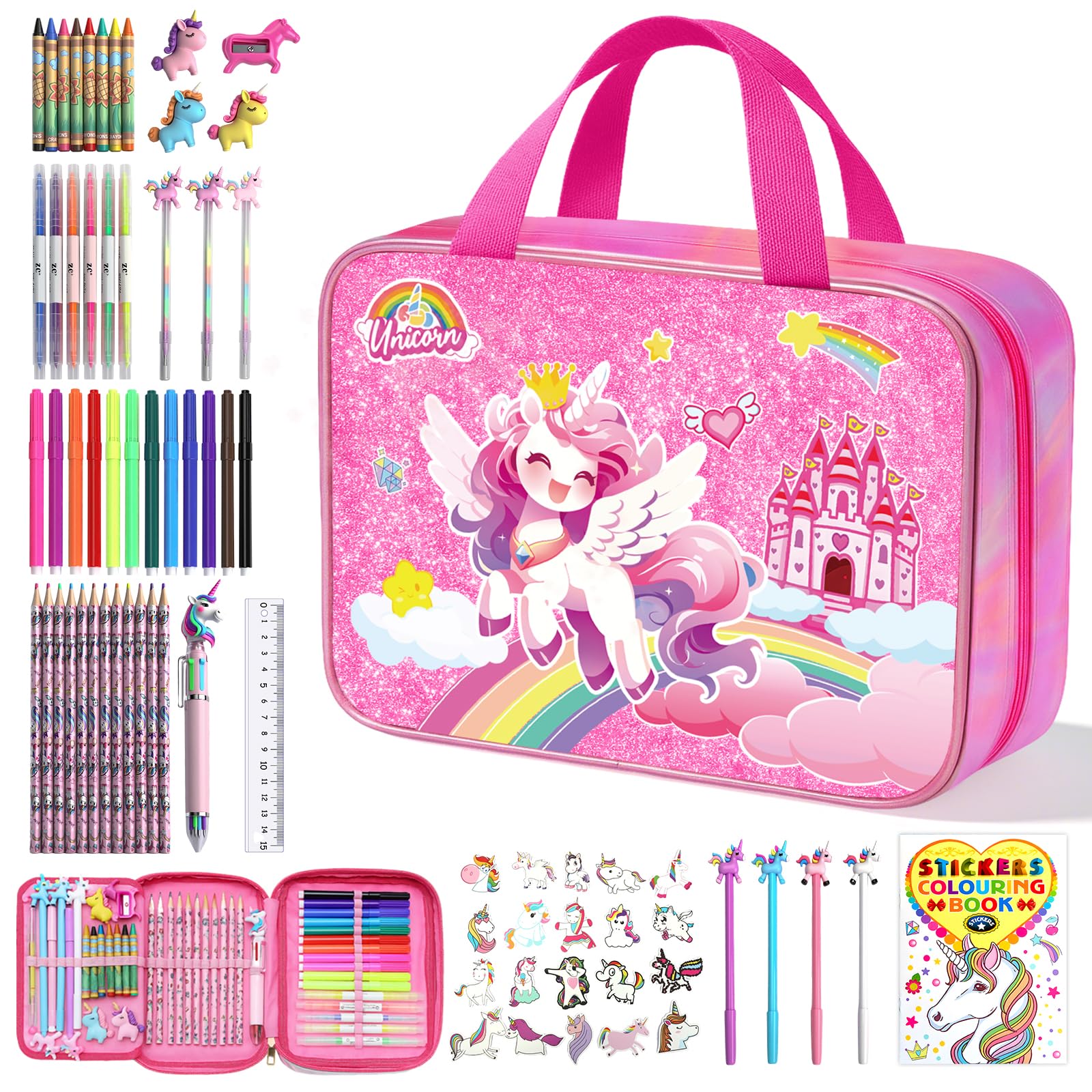 73PCS Unicorn Washable Markers Set with Glitter Pencil Case, Art Supplies and Craft for Girls Ages 4-6-8,Kids Coloring Drawing Kit with Marker,Colored Pencil,Crayon,Gel Pen,Birthday Gift Toys for Girl