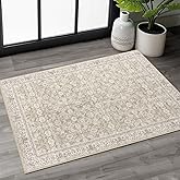 SIILOOM 2x3 Washable Rug Soft Area Rug for Entryway, Cream Beige White Grey Non-Slip Indoor Door Mat Distressed Floral Low-Pile Kitchen Rugs, Neutral Vintage Carpet for Entrance Kitchen Farmhouse
