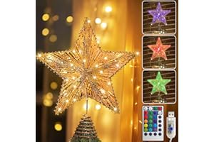 WVSAFV Christmas Tree Topper Star Gold, Christmas Tree Toppers with 40 Coloured & Warm LED Lights, Tradition Tree Topper Star for Home Holiday Xmas Tree Christmas Decor, Glitter Gold