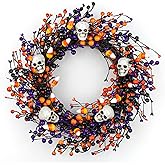 MagicWreath Halloween Wreaths for Front Door 20 Inch Halloween Wreath Artificial Skull Wreath with 3 Colors Berries and for Gothic Decorations