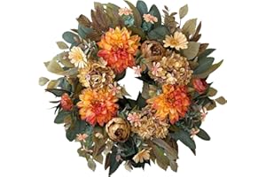 WANNA-CUL 24 Inch Spring Fall Wreaths for Front Door,Fall Wreath with Orange Hydrangea&Peony and Dahlia Flowers-Fall Decoration for Home-Large Fall Decor Door Wreath for Autumn,Harvest