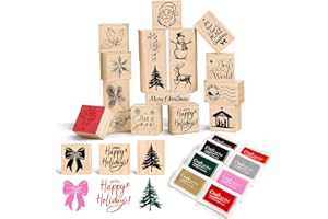 Eaasty 26 Pcs Christmas Rubber Stamps and Craft Ink Pads Set 18 Wooden Merry Christmas Rubber Stamps for Crafting Xmas 8 Mixed Ink Pads for DIY Card Scrapbooking Party Gift Making Craft