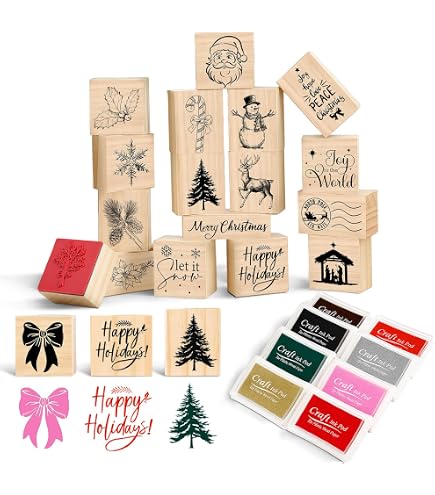 16Pcs Merry Christmas Wooden Rubber Stamps With Craft Ink Pads Xmas Mixed DIY