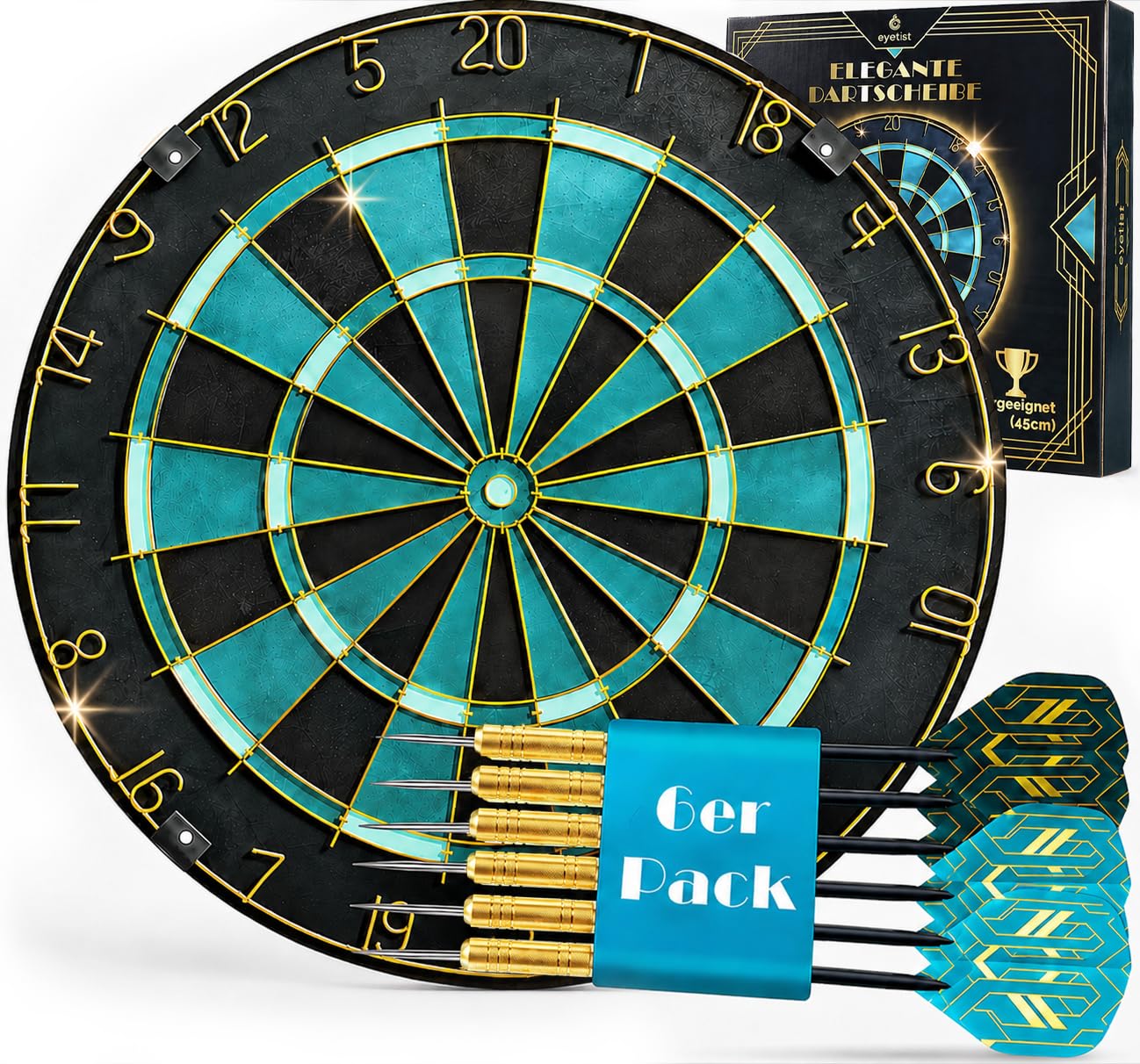 Dartscheibe Dartboard Sisal Professionell Türkis mit Goldener Zahlenring & Pfeilen - Profi Steeldartscheibe - Dart Scheibe Target mit 6 Dartpfeilen Metallspitze golddart Flight Barrels shafts schäfte