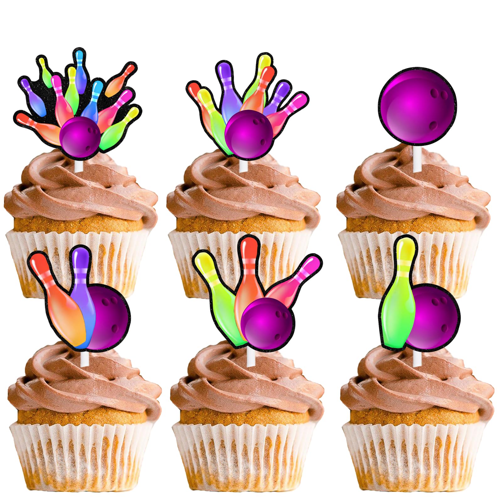 Photo 1 of 18pcs Colorful Glitter Bowling Ball Dessert Cupcake Topper Bowling Sport Theme Decor Supplies Boys Girls Happy Birthday Party Decorations