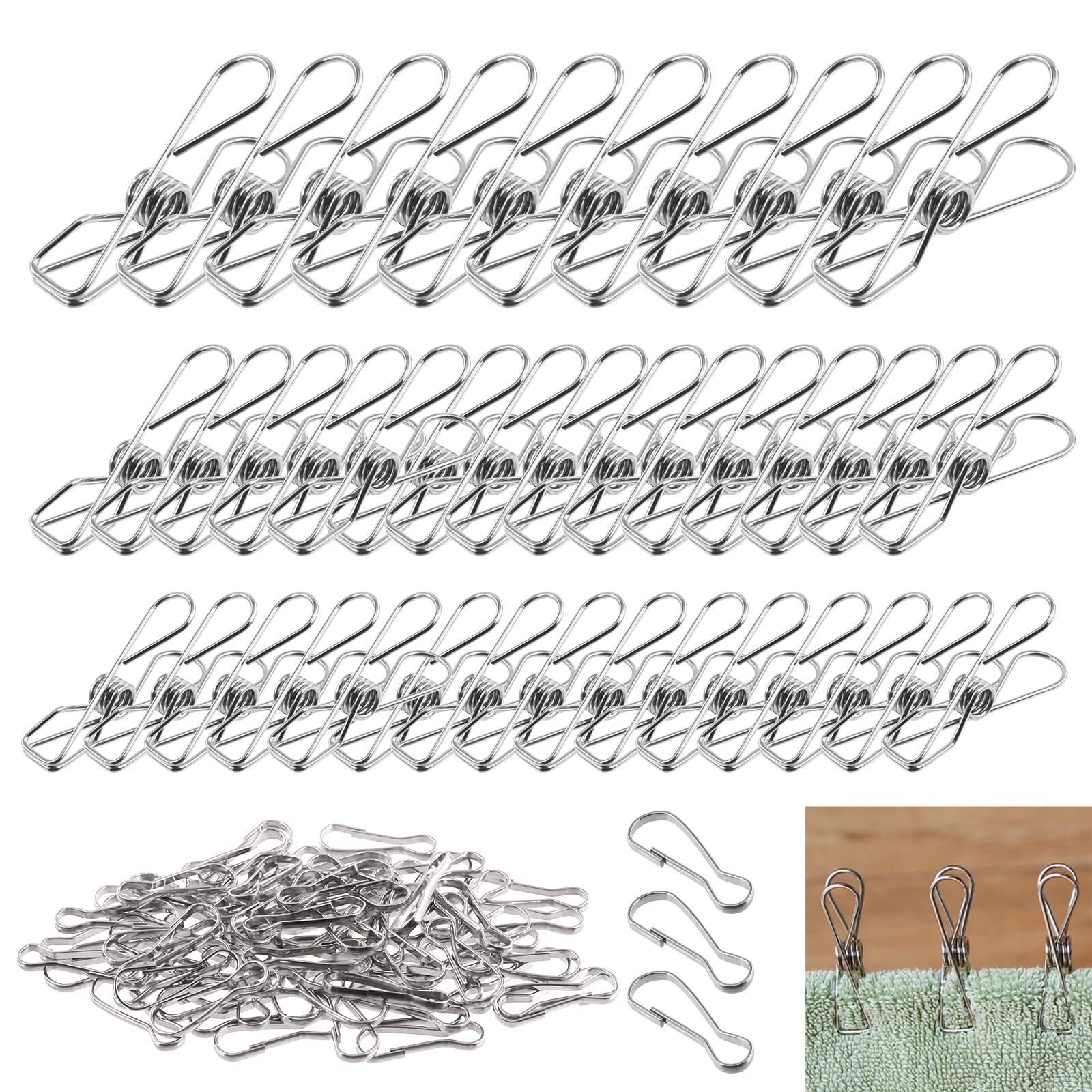 Wokape 145Pcs 3 Sizes Wire Clothespins Laundry Chip Clips with 1" Metal Spring Hooks, Stainless Steel Clothes Pins Heavy Duty Clamp Metal Clothes Pegs for Indoor Outdoor Laundry Travel Office