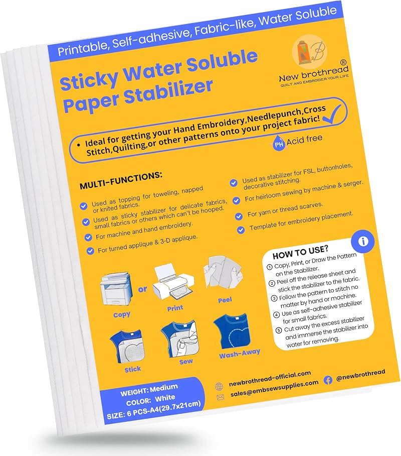 New brothread 6PCS A4 Sticky Water Soluble Embroidery Stabilizer