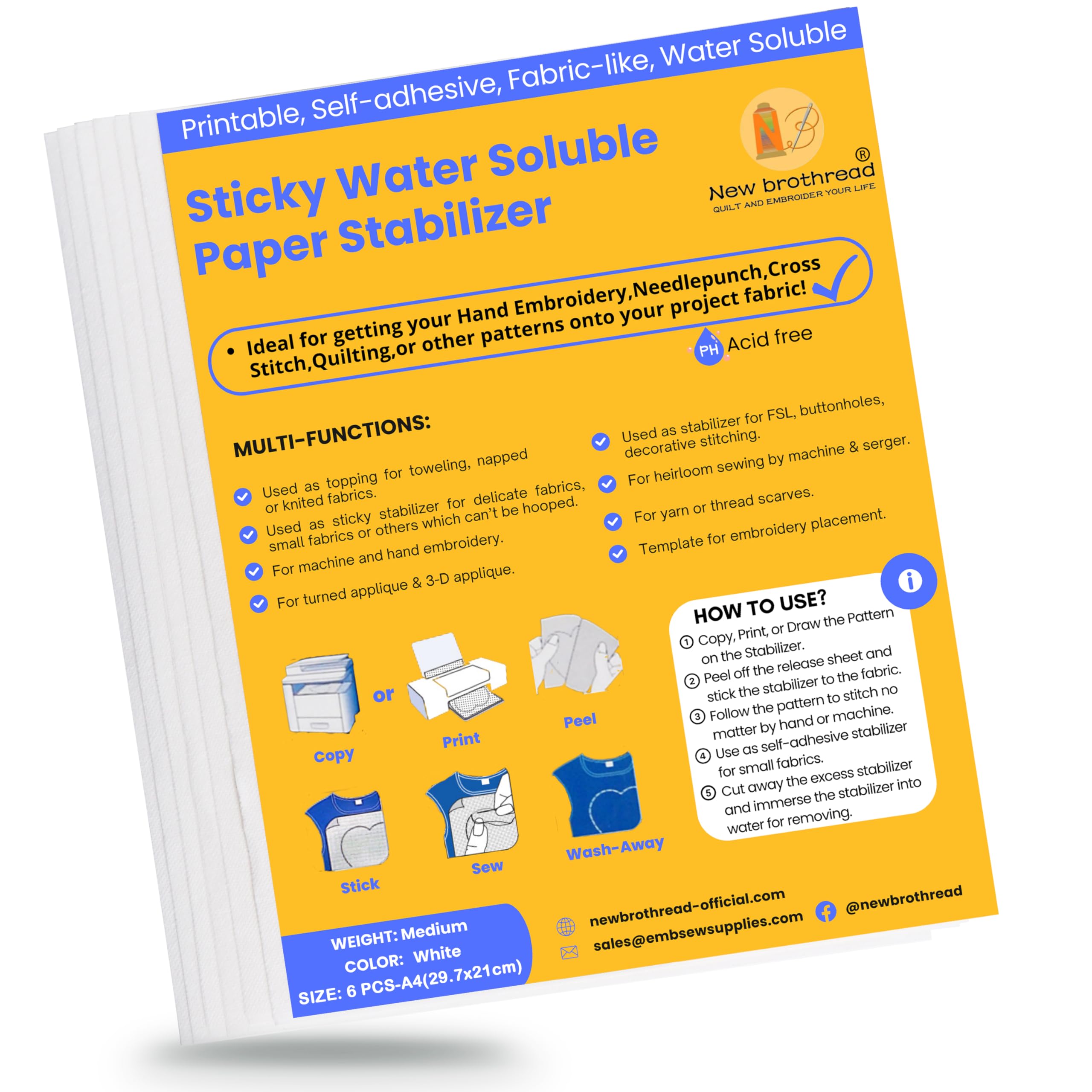 New brothread 6PCS A4 (29.7x21cm) Sticky Water Soluble Embroidery Stabilizer Printable Embroidery Paper - Medium Weight - Allowed for Print or Draw Patterns Best for Hand & Machine Embroidery