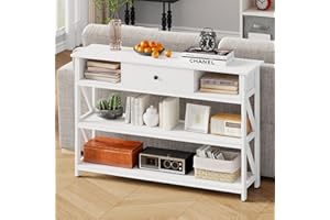 Mexin Console Table with Drawer Shelves, Entryway Table with 3 Tier Storage Shelves, Industrial Wood Hallway Sofa Table for Living Room, Couch, Foyer, Kitchen Counter, 47 Inch White