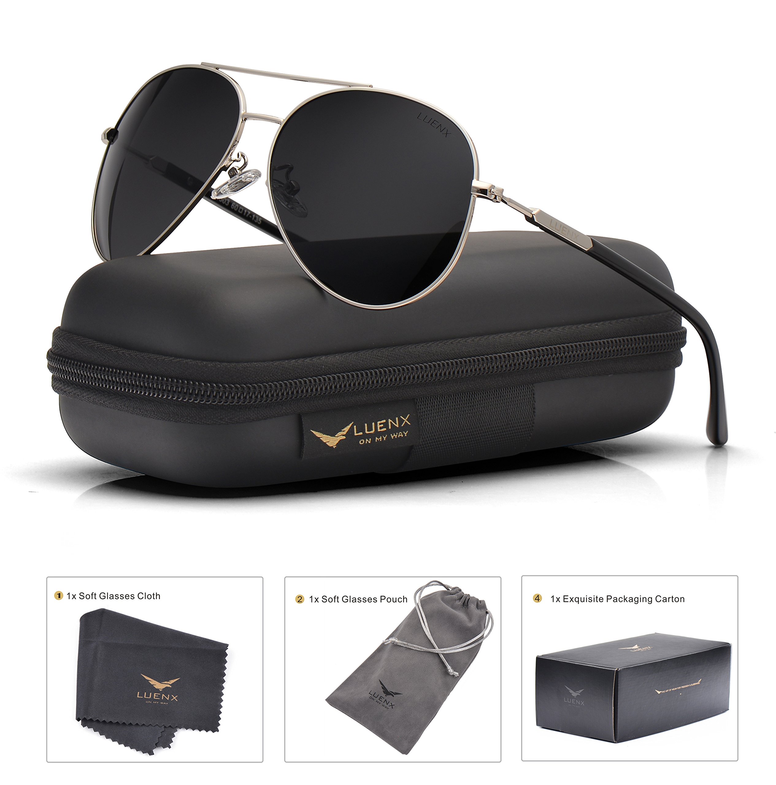 Mens Womens Sunglasses Aviator Polarized Black by LUENX, LightWeight