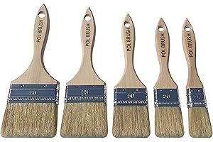POL BRUSH Set of 5 1, 1.5, 2, 2.5, 3 Inch Flat Paint Brushes - High European Quality - Natural Bristles - for Home, Wood, Walls, Art, Trim & Furniture - for Acrylic, Oil, Stain, Chalk & Latex Paints