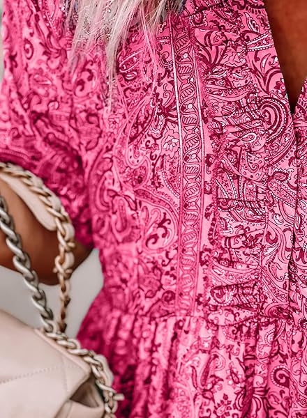 ACELITT WOMENS FLORAL BOHO DRESSES CASUAL SHORT SLEEVE V NECK RUFFLE TIE PINK FASHION 2023 SUMMER SWING A LINE LONG MAXI DRESS PINK MEDIUM