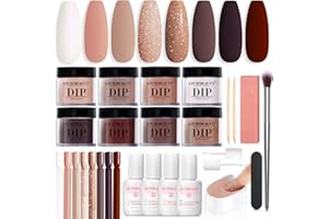 AZUREBEAUTY Dip Nails Powder Starter Kit 8 Colors with Nail Sticks Nude Brown Giltter Shimmer Set Nail Art Base Glossy Matte Top Coat Activator Essential Liquid Manicure DIY Salon 30 PCS