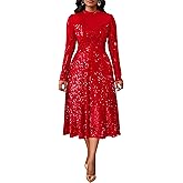VERWIN Women's Sparkly Round Neck Long Sleeve A Line Prom Party Cocktail Midi Sequins Dress