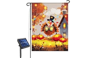 CANDIESLIFE Thanksgiving Lighted Fall Garden Flag, Solar Outdoor Decorative Led Flags Yard Decor, 8 Lighting Modes Led Flag,12x18 Double Sided Turkey Pumpkin Halloween Decorations for Home Porch Outside