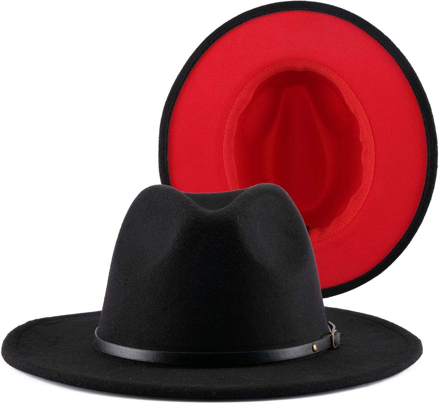EXTREE Mens Jazz Cap Black Red Patchwork Wool Felt Fedora Hats Belt Buckle Decor Unisex Wide Brim Cowboy Cap Sunhat (Black) at  Men’s Clothing store