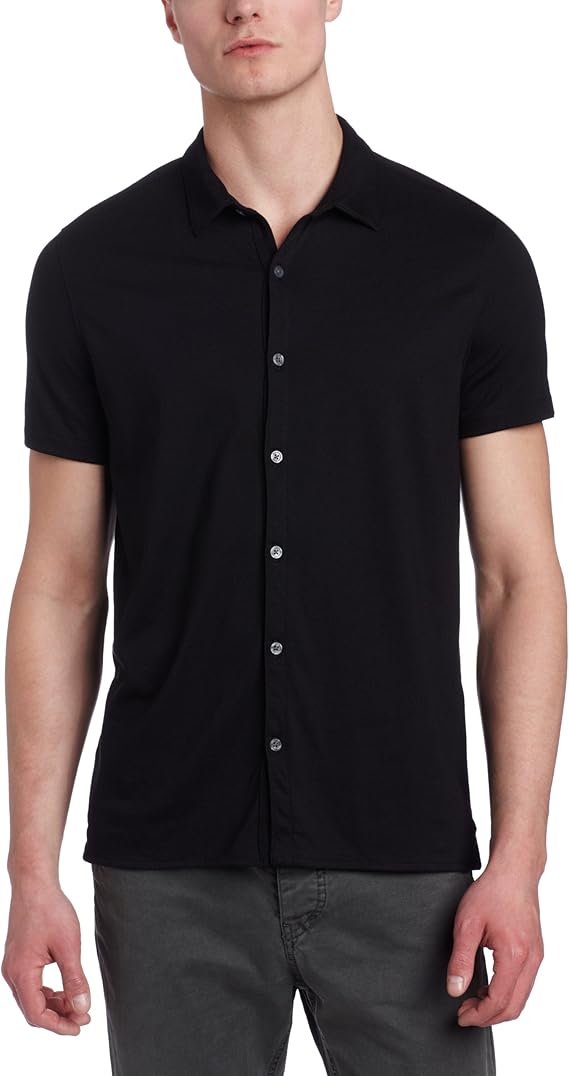 John Varvatos Star USA Men's Short Sleeve Button Front Collared Knit Shirt, Black, Small at