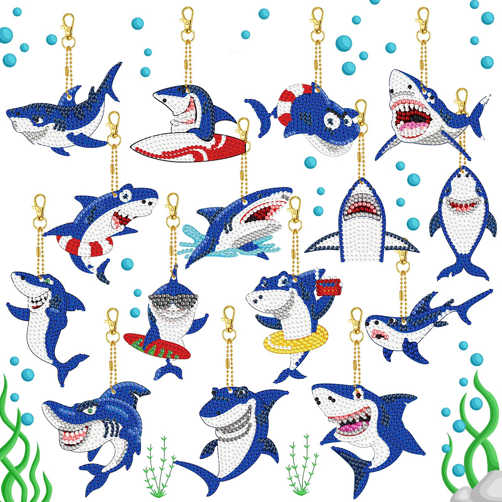 Photo 1 of 15 Pcs 5D Diamond Painting Keychains DIY Shark Diamond Art Keychain Kit for Kids Boys Girls Adult Mosaic Full Drill Pendant Phone Charm Bag Pendant Accessory Arts Crafts