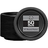 Black Plastic Plates 9 Inch - 50 count - Plastic Solid Round Party Plates For Weddings, BBQs, Birthday Plates - Disposable Black Plates - Plastic Dessert Plates