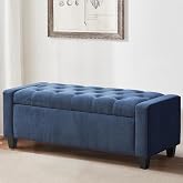Zihanhome Ottoman with Storage, 48.8" Fabric Storage Bench(Dark Blue) | Storage Bench for Bedroom with Safety Hinge，Bedroom Benches with Seating for Living Room, Entryway
