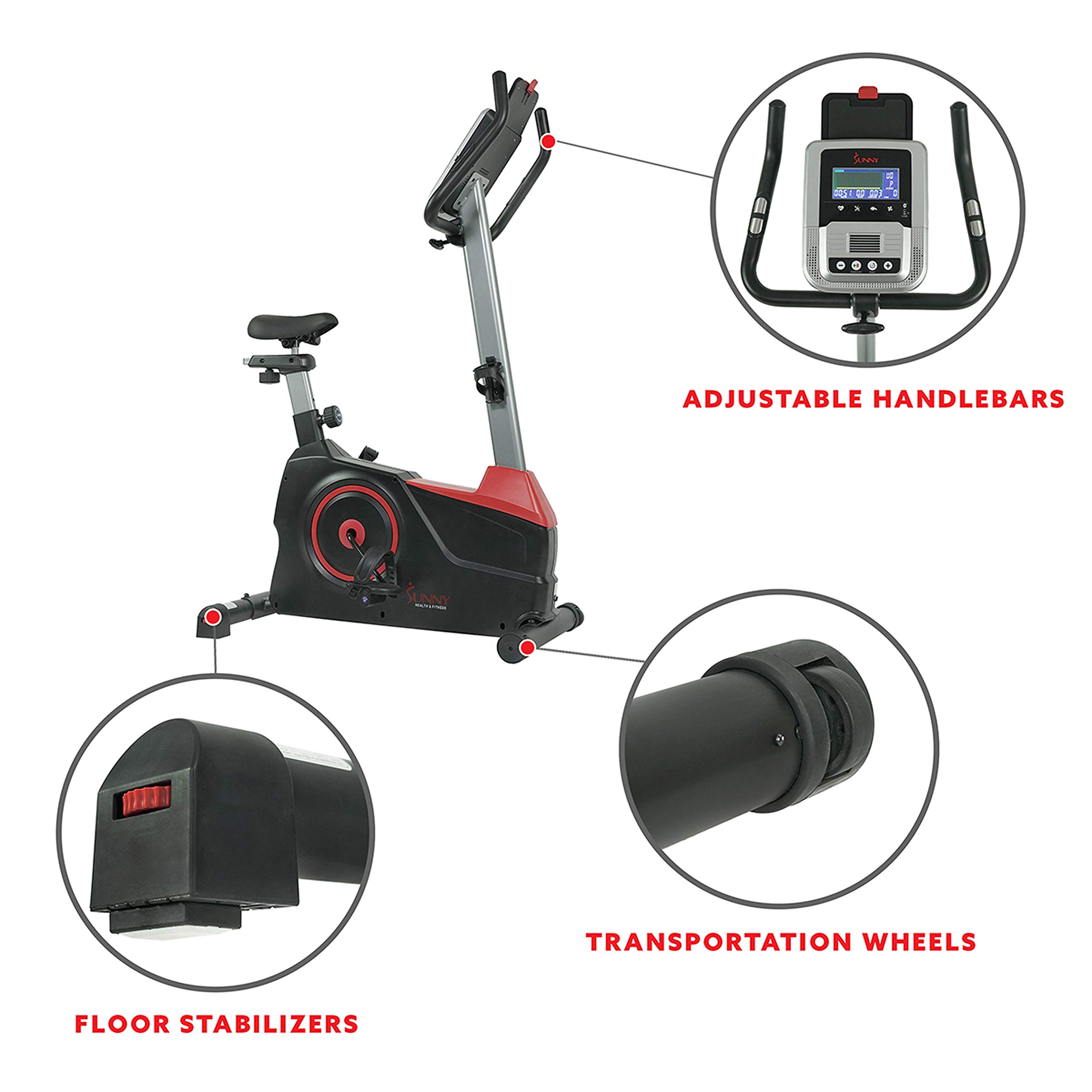 Sunny Health & Fitness Evo-Fit Stationary Upright Bike with 24 Level Electro-Magnetic Resistance - SF-B2969 Black/Red