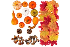 Jelofly 92 Pcs Assorted Mini Artificial Pumpkins and Gourds Maple Leaves Pine Cones Acorns Halloween Thanksgiving Fall Harvest Home Decoration