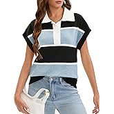 ONFERS Womens Striped Short Sleeve Sweater Button Down Polo Pullover Tops Loose Color Block Knit Tops Fall Sweater Vest