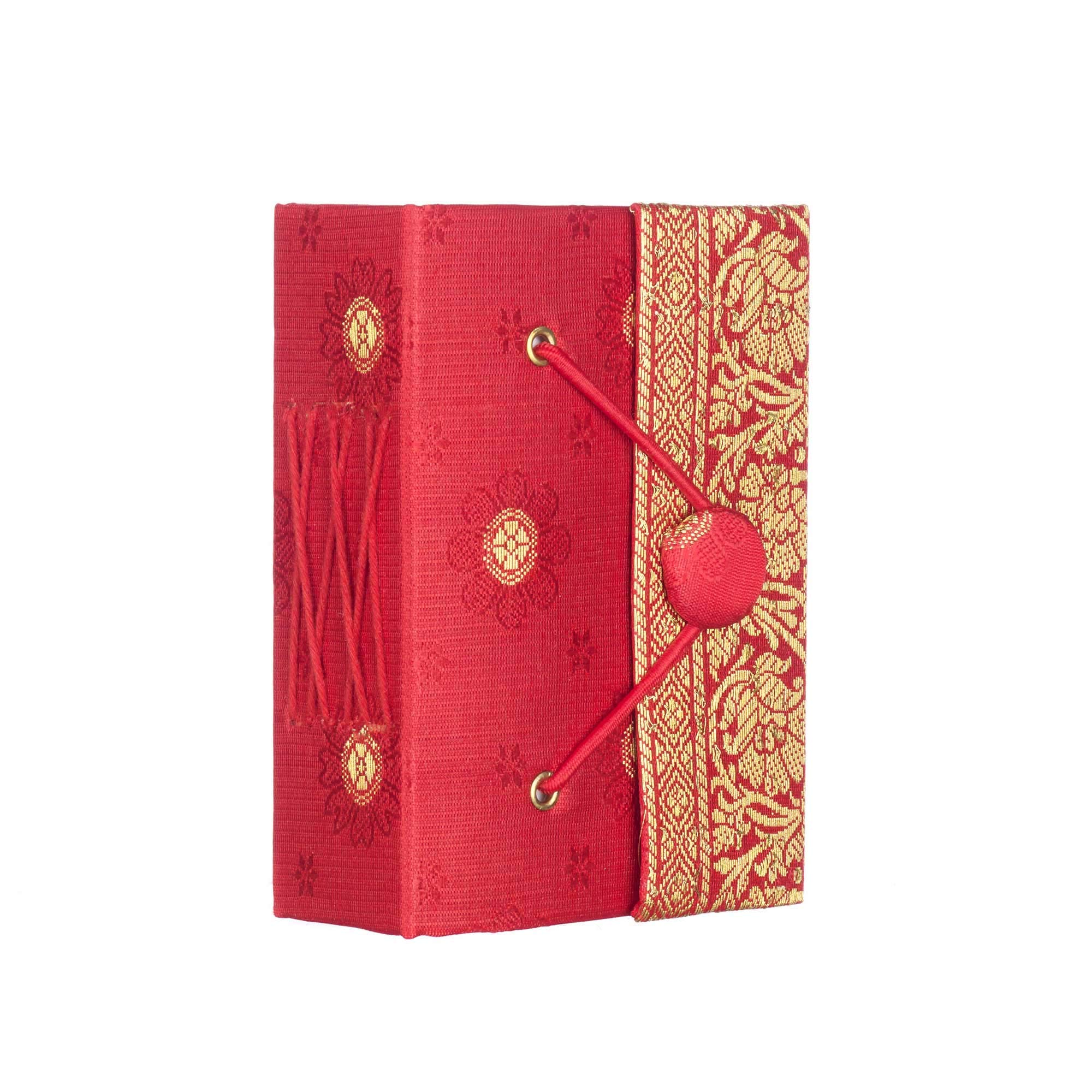 Sari Journal Mini 8cm x 10cm - Red - Unlined Recycled Paper - Elastic Closure - Pocket Notebook and Diary - Indian Stationery Gift - for Men Women Students - Sari Fabric