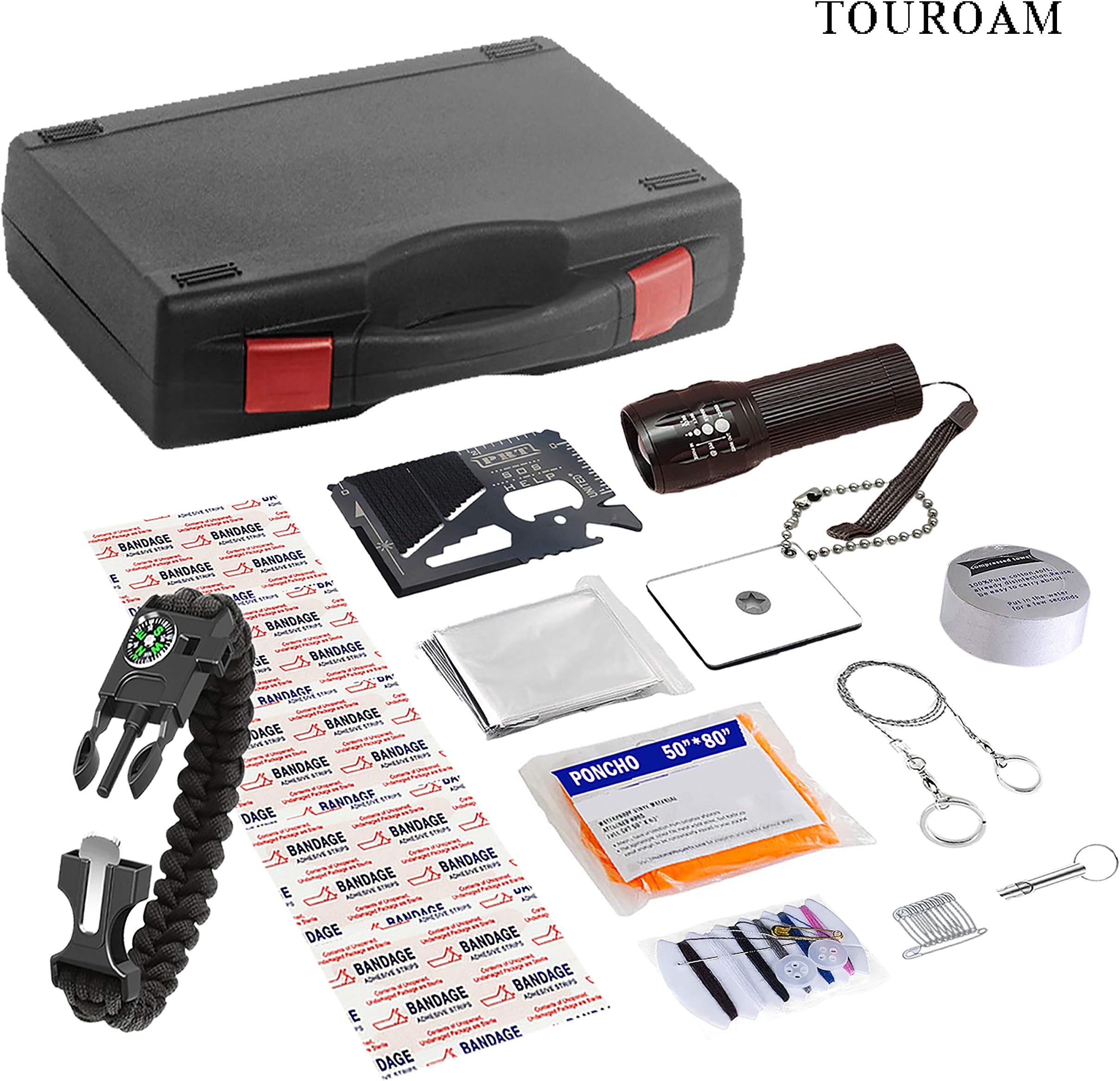 TOUROAM Emergency Survival Kit 14 in 1, EDC Survival Gear Tool, Flashlight, Multitool for Camping, Hiking, Any Outdoor Adventure or Wilderness, Best Gifts for Men Dad