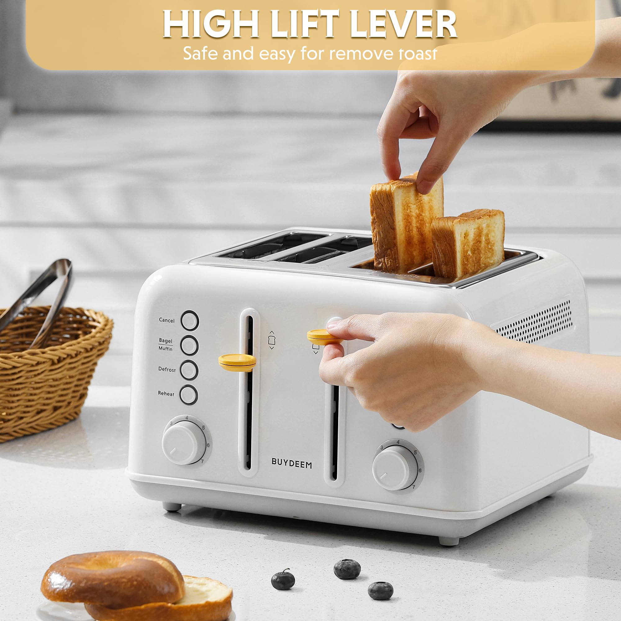 BUYDEEM DT640 Tostadora de 4 rebanadas, ranuras extra anchas, acero inoxidable con palanca de elevación alta, función para bagels y muffins, bandeja para migas extraíble, 7 ajustes de sombra, blanco ártico