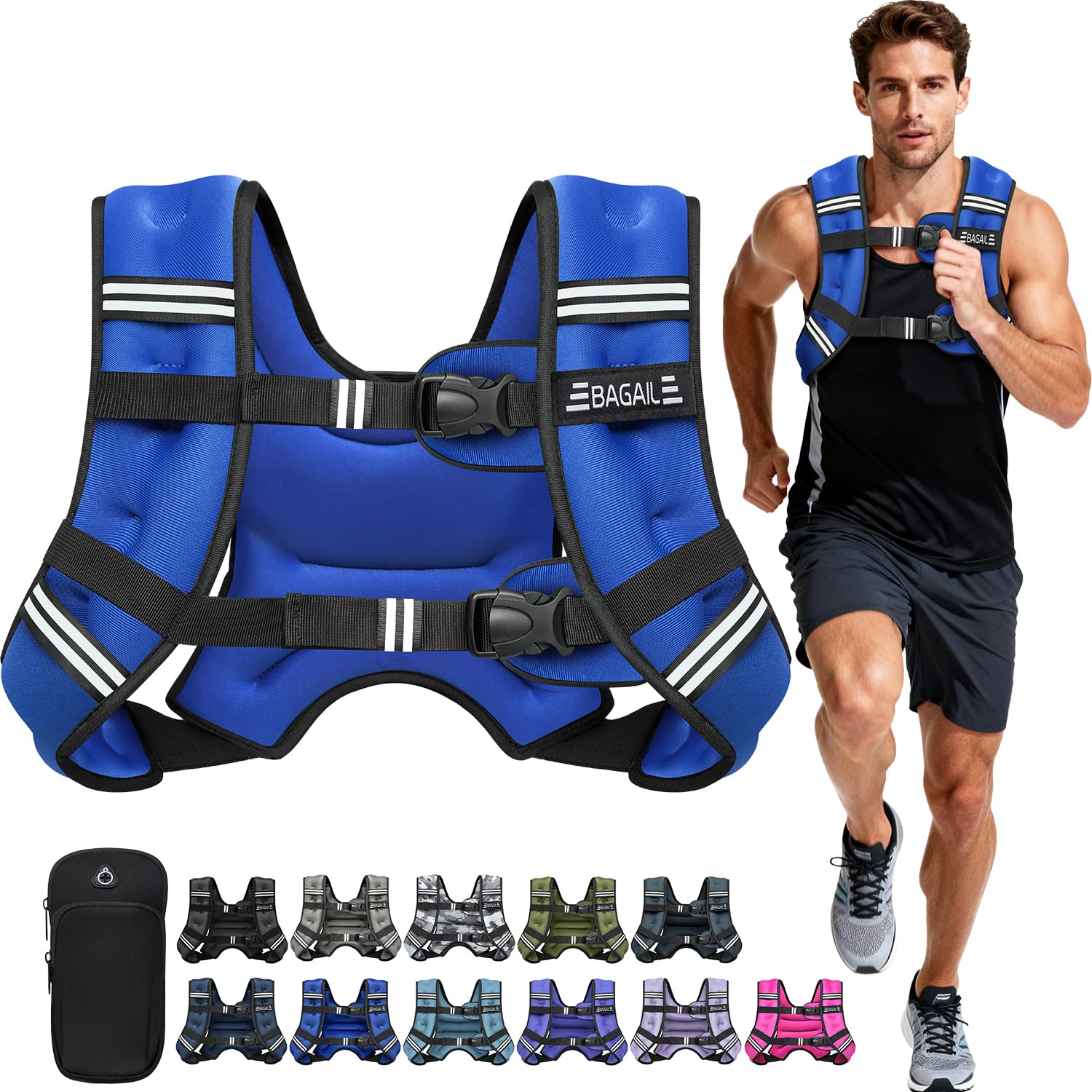 BAGAIL Comfort-Fit Weighted Vest for Woman, Even Weight Distribution, Faster Weight Loss, No-Chafe or Bounce for Walking & Running with Detachable Phone Pouch & Reflective Stripes - 25lb, Royal Blue