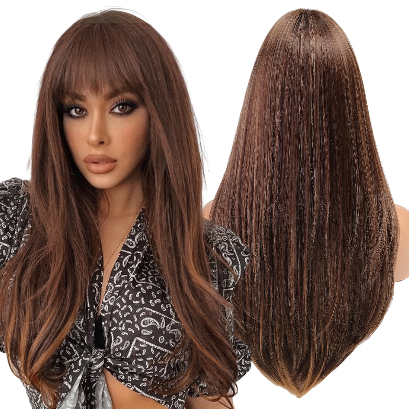 WOKESTAR Brown Wigs for Women Layered Straight Long Wig with Fringe