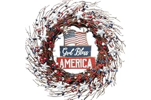 Idyllic 18Inch 4th of July Patriotic Day Wreath Red Blue White Berry Wreath with Americana Flag Patriotic Decorations for Memorial Day Independence Day Veterans Day Front Door Wall