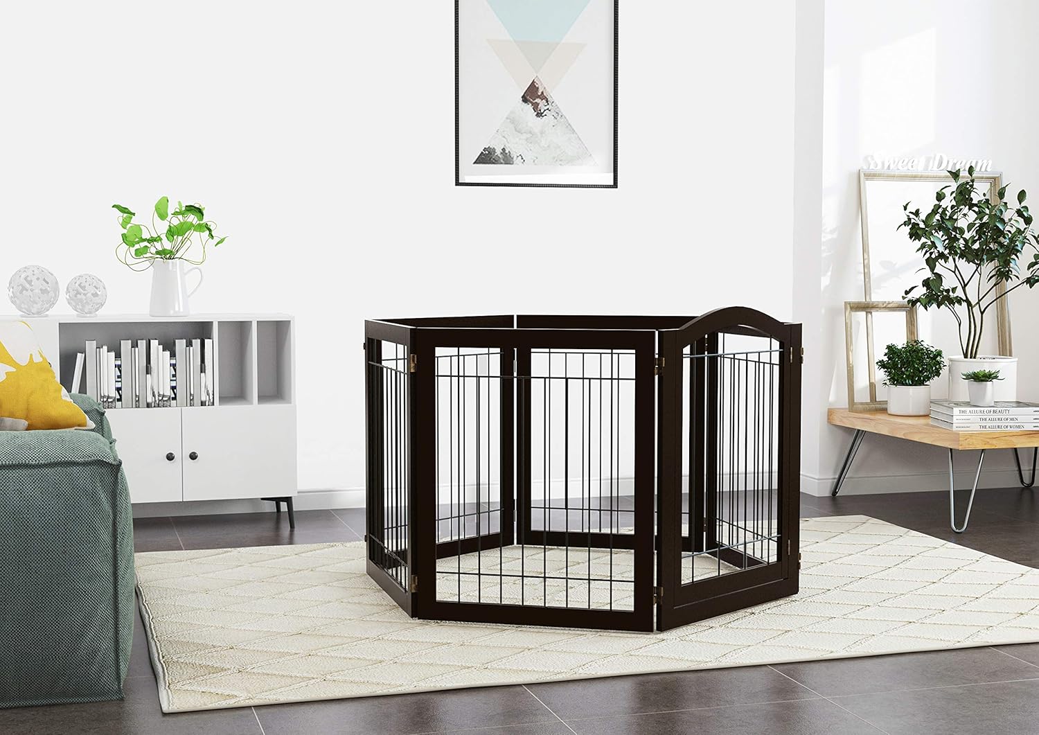 PAWLAND 144-inch Extra Wide 30-inches Tall Dog gate with Door Walk Through, Freestanding Wire Pet Gate for The House, Doorway, Stairs, Pet Puppy Safety Fence, Support Feet Included, Espresso,6 Panels: Baby