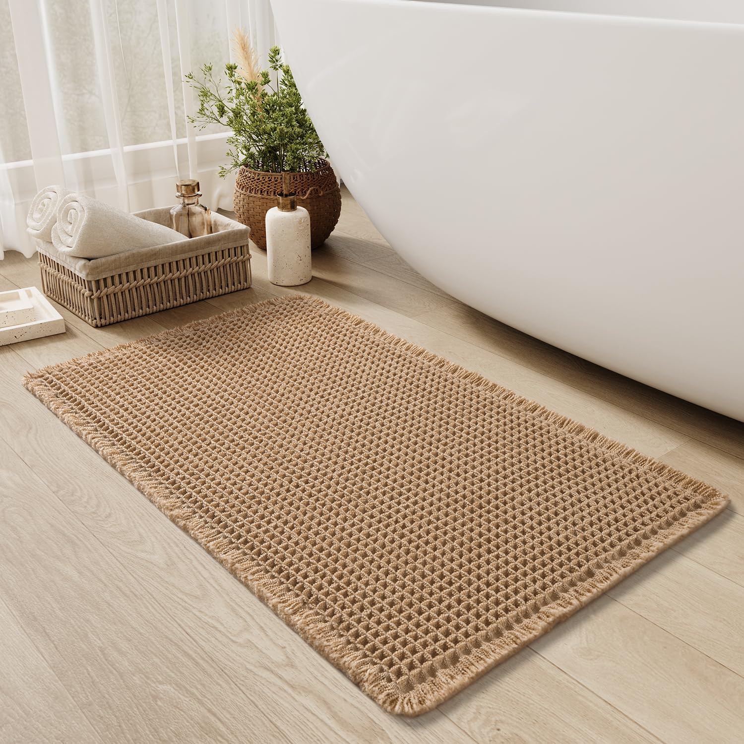 Upgraded Waffle Bath Mat Non Slip Super Absorbent Quick Dry Bath Mats for Bathroom Floor Machine Washable Bathroom Mat Ultra Soft Boho Bathroom Rugs with Tassels Beside Tub, 17" x 24", Brown