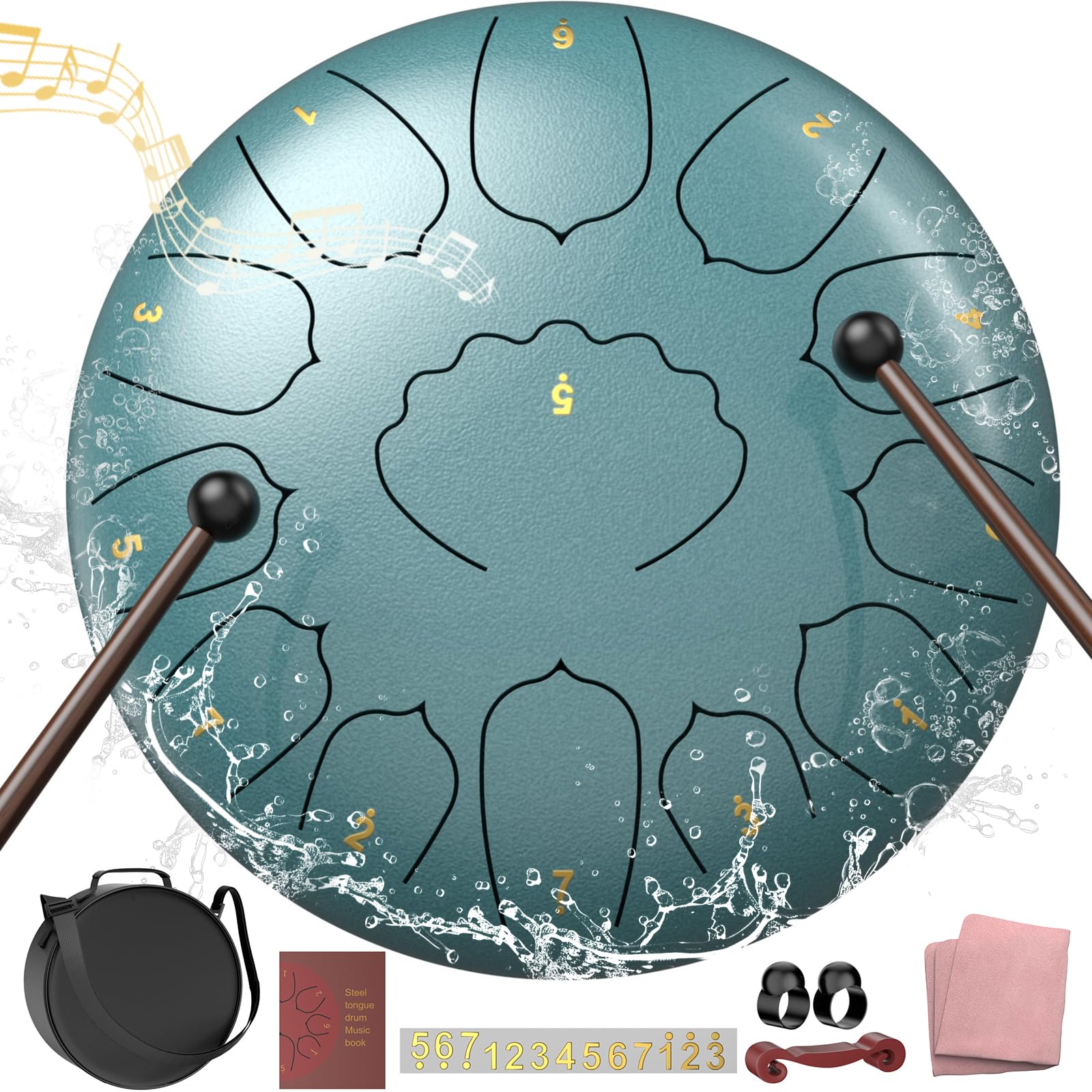 Photo 1 of D Major Steel Tongue Drum Handpan, 12 Inch 13 Note Rain Drum for Outside Garden, Meditation Rain Chime, Musical Percussion Instrument for Adult Gift with Bag, Music Book, Drum Mallets (Moss Blue)