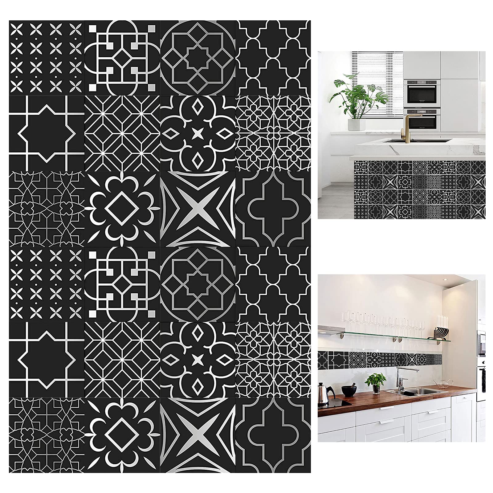 Tile Stickers 25cm x 25cm, ConBlom 24Pcs Stick on Tiles Self Adhesive Peel and Stick Backsplash DIY Tiles Decals Vinyl Wall Tile Transfers for Kitchen Bathroom (10 x 10 inch, Black and White)