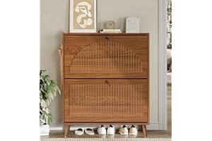 Fsbecl Shoe Storage Cabinet for Entryway with 2 Flip Drawers, Narrow Wood Shoe Cabinet with Fluted Panel, Freestanding Hidden Shoe Organizer for Foyer, Hallway (Walnut)