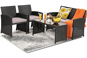 KROFEM 4 Piece Rattan Patio Furniture Set, Outside Sectional with 2 Chairs, Sofa, and Coffee Table, UV Resistant Wicker Black rame with Light Grey Washable Overstuffed Cushions