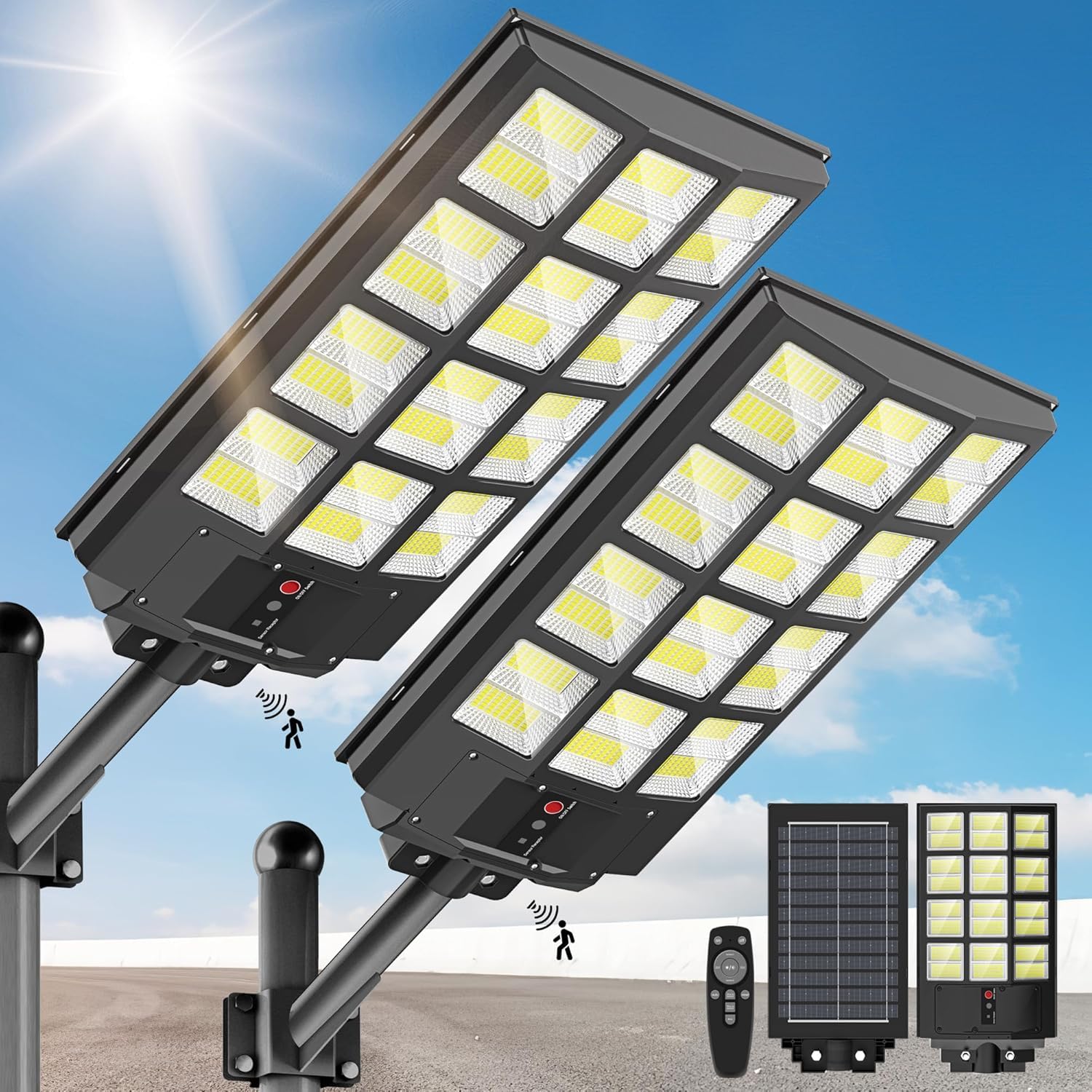 Photo 1 of 5000W Solar Street Lights Outdoor 6500K Cool White IP66 Waterproof Flood Lights with Motion Sensor & Dusk to Dawn, Wide-Angle Remote Control for Parking Lots/Yards (2-Pack)